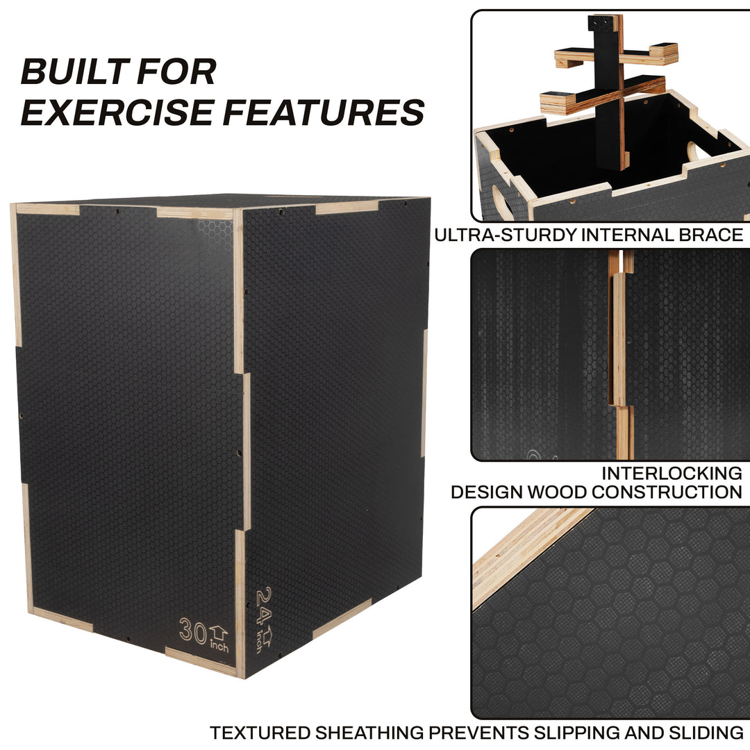 Signature Fitness 30" x 24" x 20" Wooden Plyo Box Non-Slip Jump Platform, Gray - VMInnovations