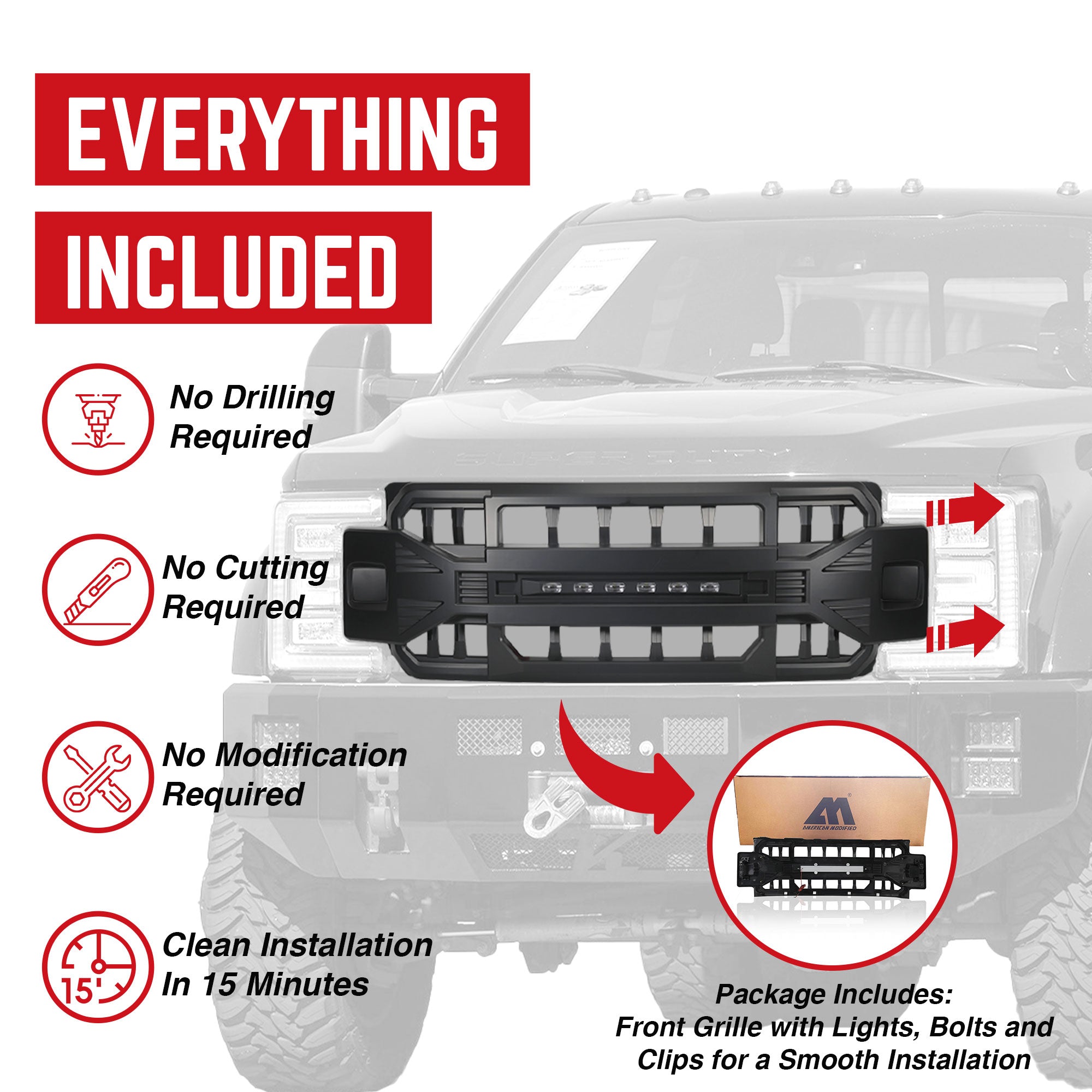 AMERICAN MODIFIED Armor Front Grille for '17-'19 Ford F250/350, Black (Open Box) - VMInnovations