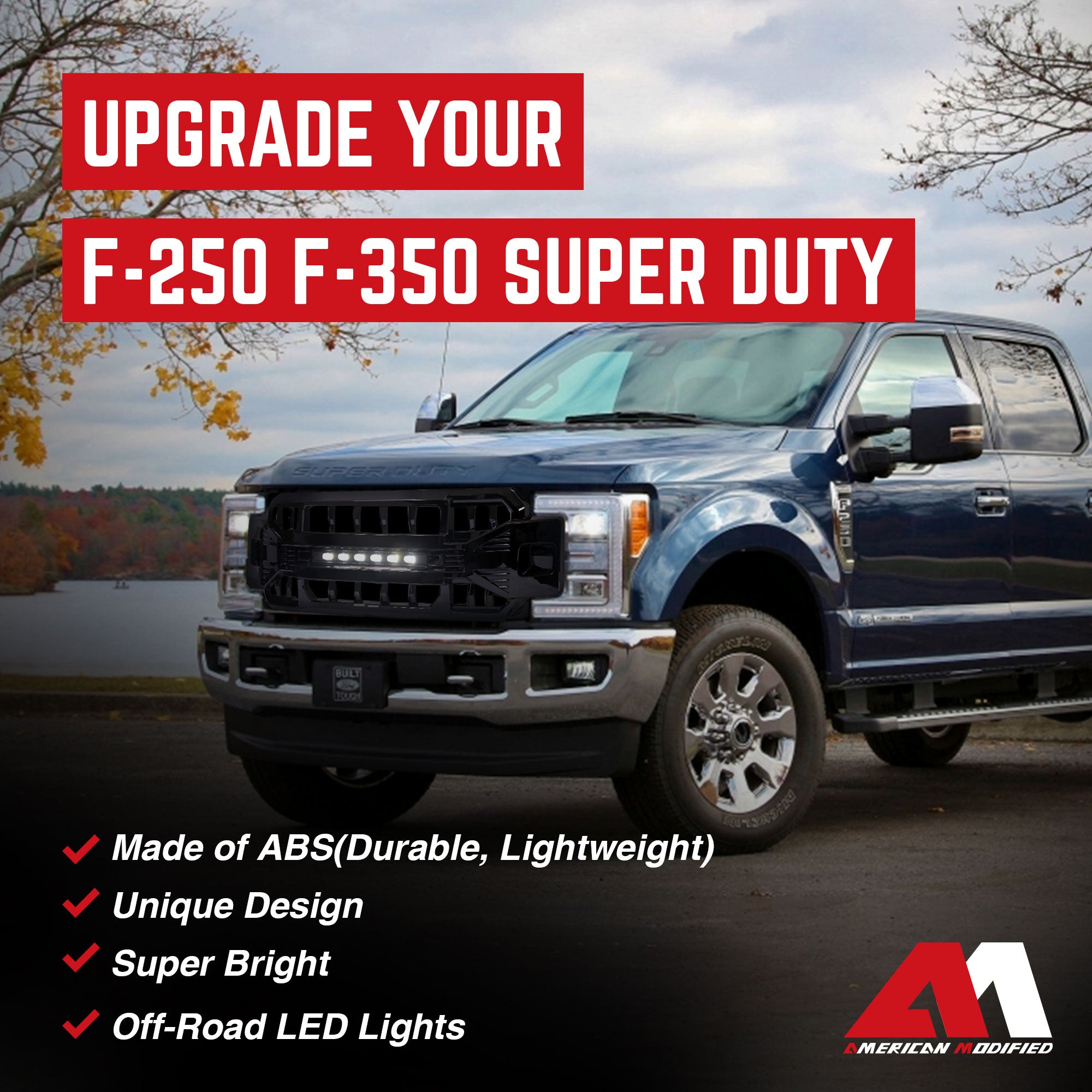 AMERICAN MODIFIED Armor Grille for 2017 to 2019 Ford F250/350, Glossy Black - VMInnovations