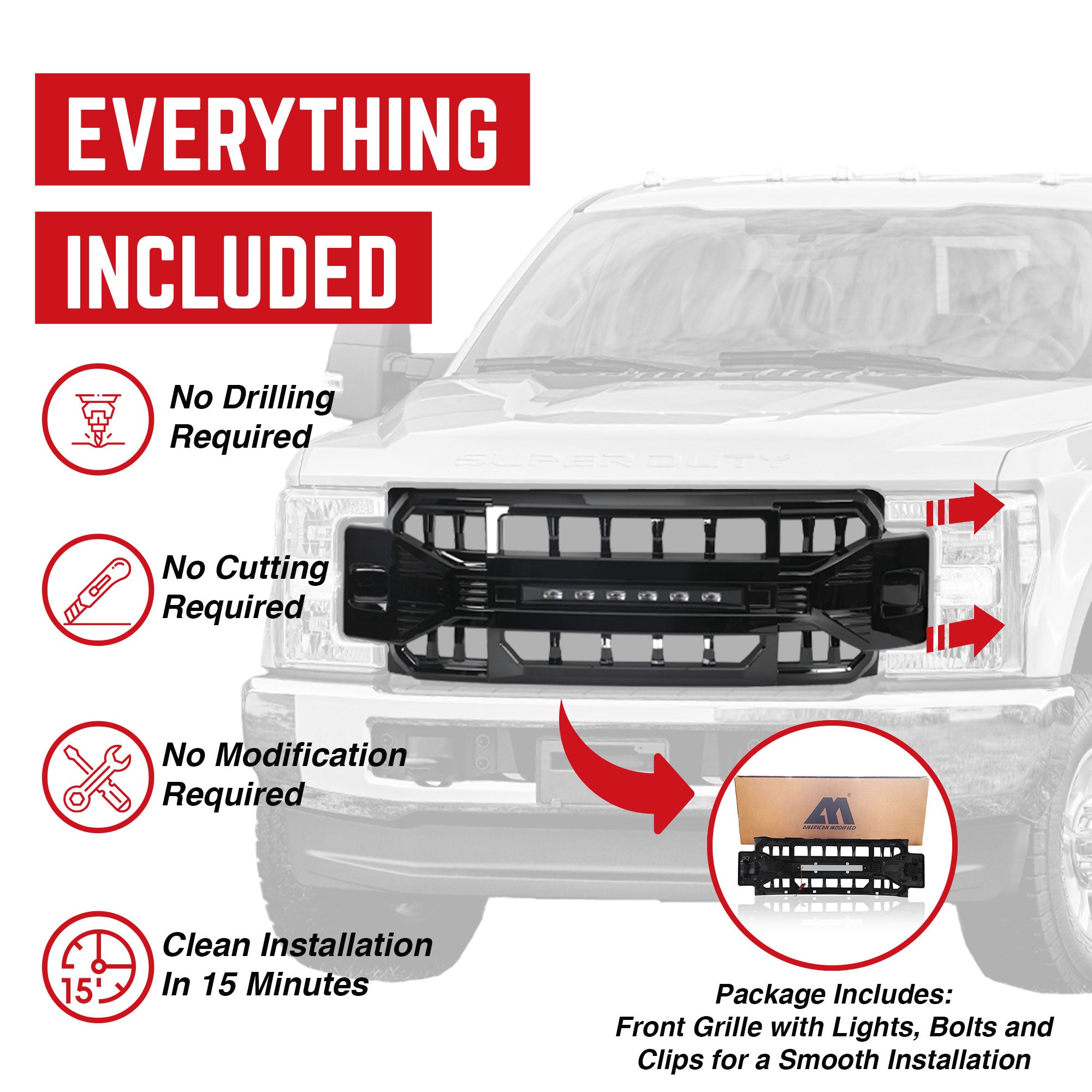 AMERICAN MODIFIED Armor Grille for 17-19 Ford F250/350, Glossy Black (Open Box) - VMInnovations