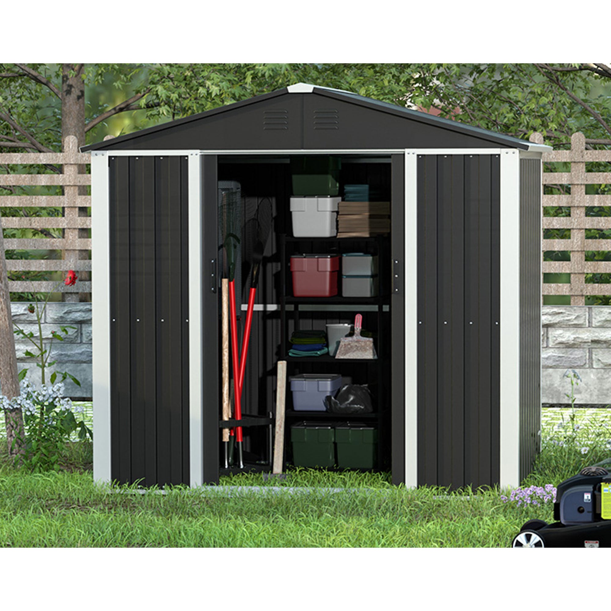 AOBABO Metal 6' x 4' Outdoor Utility Tool Storage Shed with Door and Lock, Black