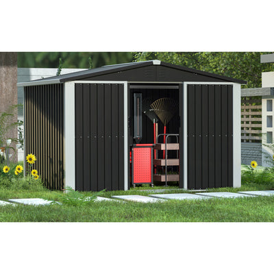 AOBABO Metal 6' x 8' Outdoor Utility Tool Storage Shed with Door and Lock, Black - VMInnovations