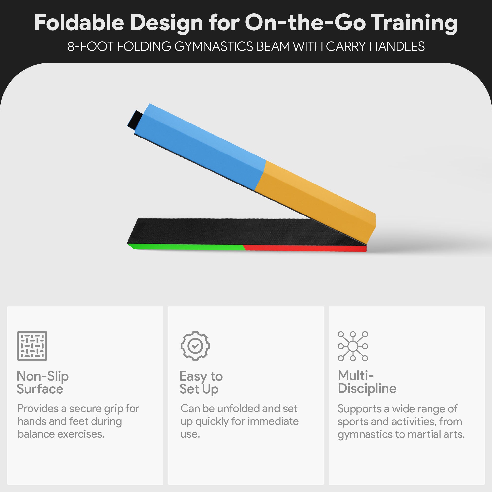 BalanceFrom Folding Foam Balance Beam, Portable Gymnastics Equipment with Hook-and-Loop Fasteners for Home or Gym Training, Multicolor