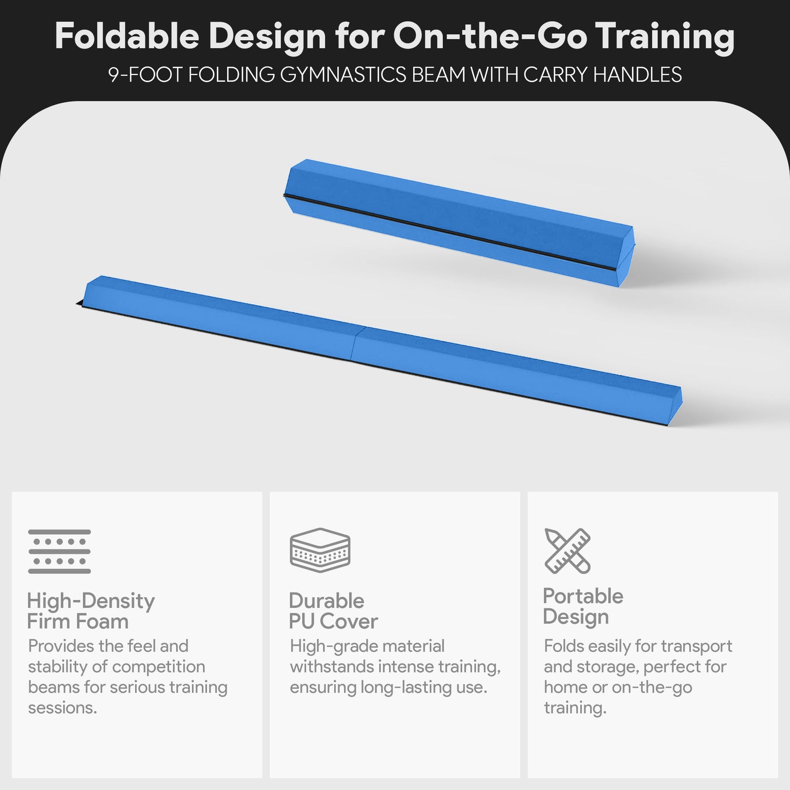 BalanceFrom 9' Folding Balance Gymnastics Floor Beam w/Handles, Blue (Open Box) - VMInnovations