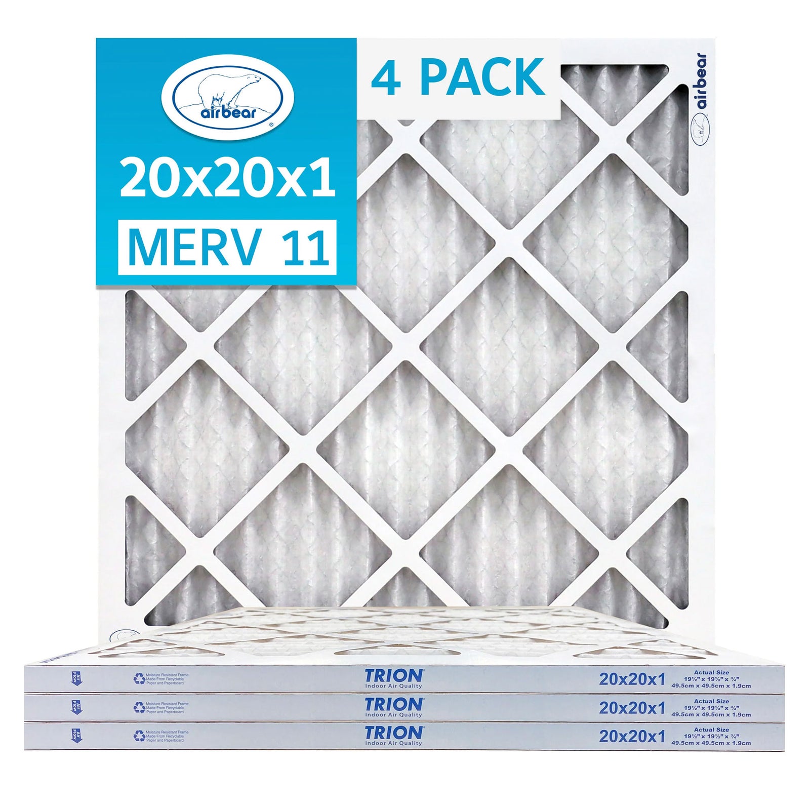 Trion MERV 11 Air Bear 20 x 20 x 1" High Efficiency Pleated HVAC Filter, 4 Pack - VMInnovations