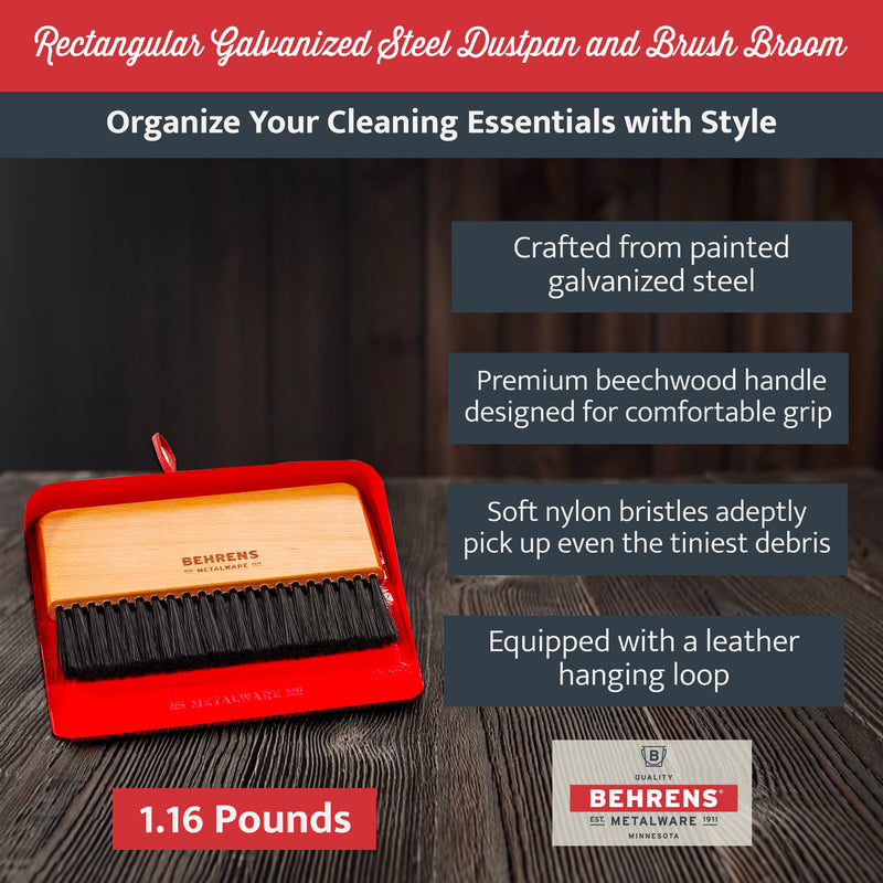 Behrens Portable Rectangular Galvanized Steel Dustpan and Brush Broom Set, Red