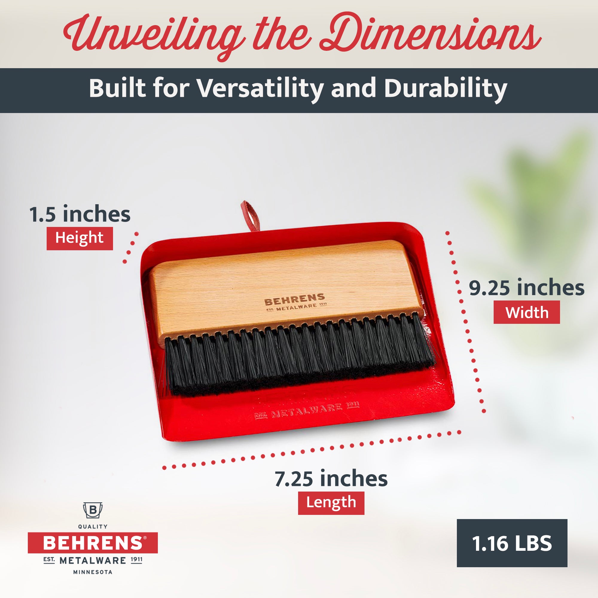 Behrens Portable Rectangular Galvanized Steel Dustpan and Brush Broom Set, Red - VMInnovations