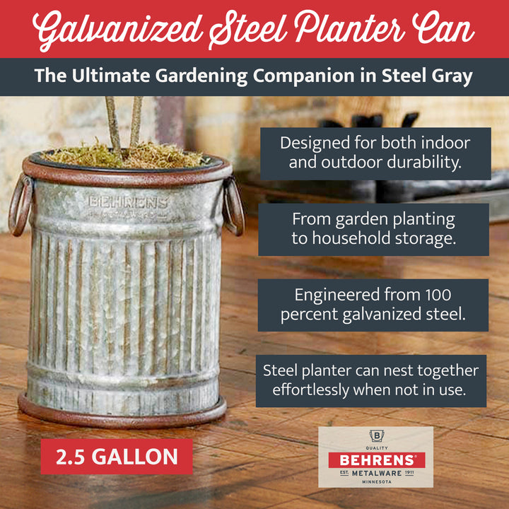 Behrens Versatile Durable 2.5 Gallon Galvanized Steel Planter Can, Steel Gray - VMInnovations