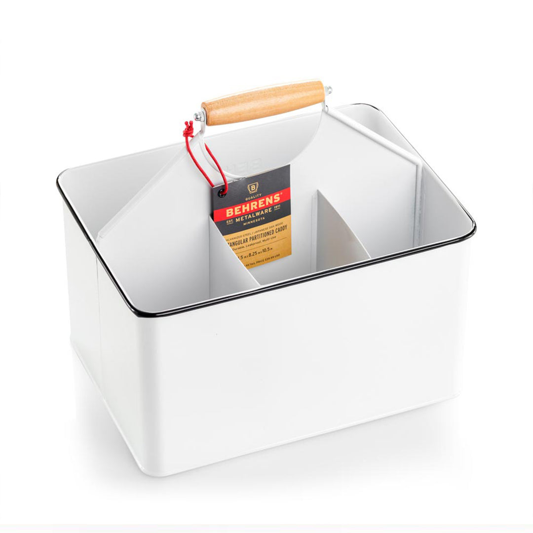 Behrens Versatile 11.5 Inch Rectangular Steel Partitioned Cleaning Caddy, White - VMInnovations