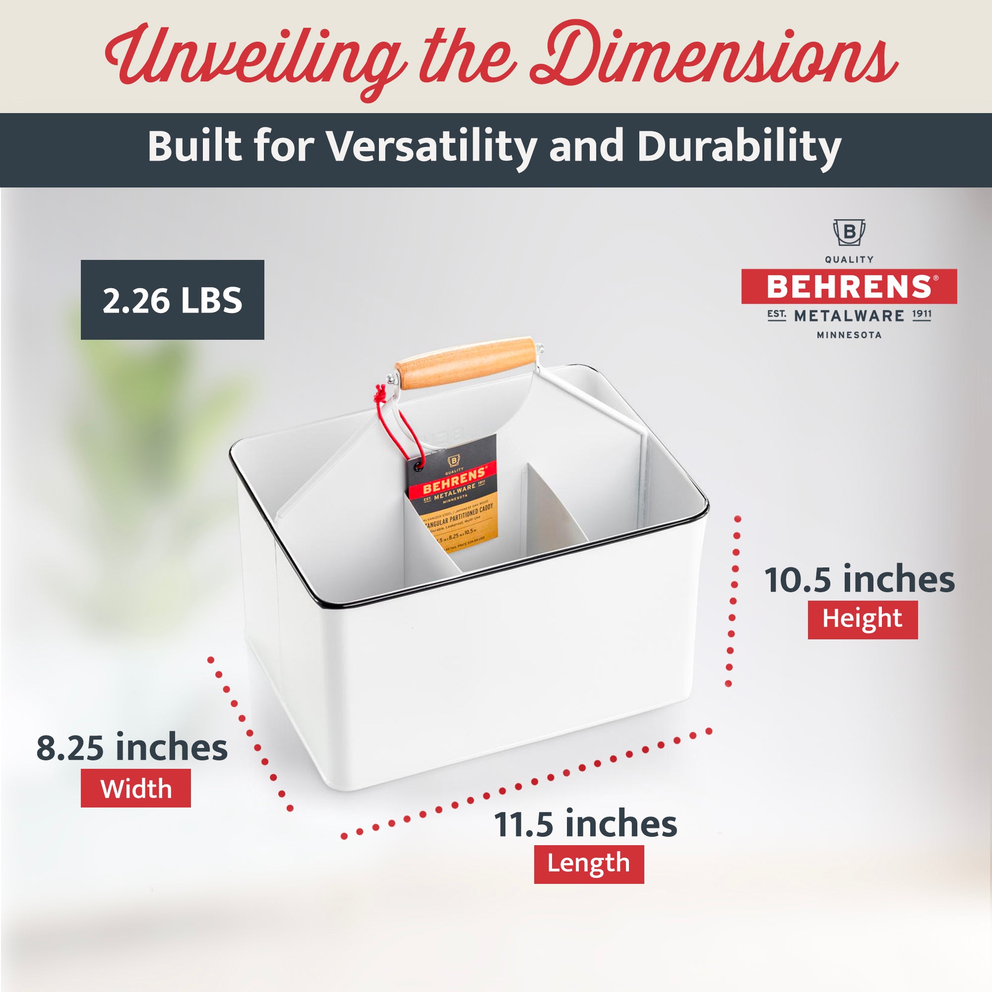 Behrens Versatile 11.5 Inch Rectangular Steel Partitioned Cleaning Caddy, White - VMInnovations