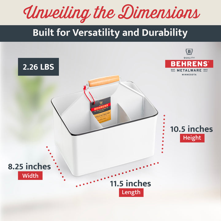 Behrens Versatile 11.5 Inch Rectangular Steel Partitioned Cleaning Caddy, White - VMInnovations