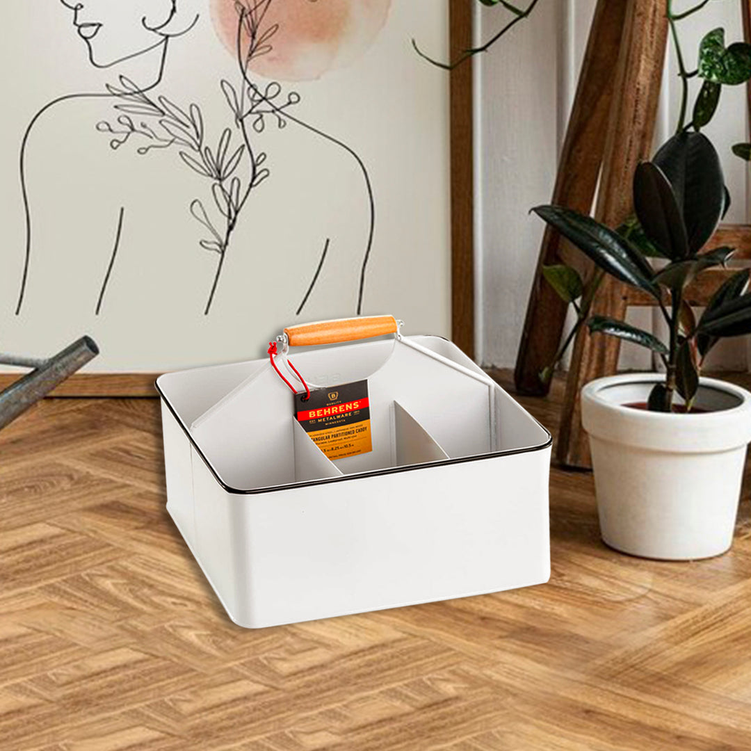 Behrens Versatile 11.5 Inch Rectangular Steel Partitioned Cleaning Caddy, White - VMInnovations