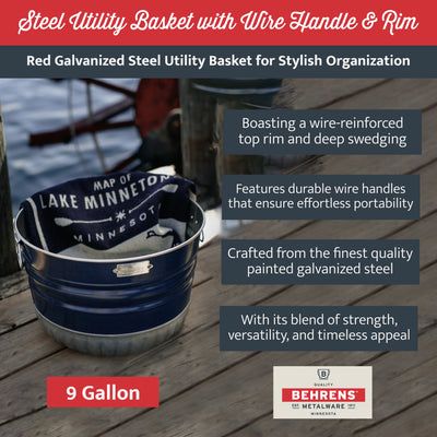 Behrens 9 Gal Galvanized Steel Utility Basket with Wire Handle, Navy Blue Bushel - VMInnovations