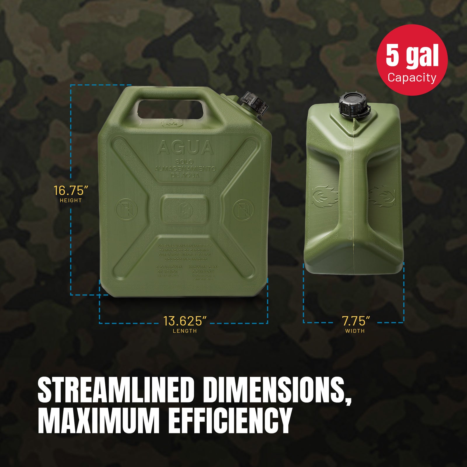 Midwest Can Heavy Duty 5 Gallon Military Style Water Can for Camping, Green - VMInnovations