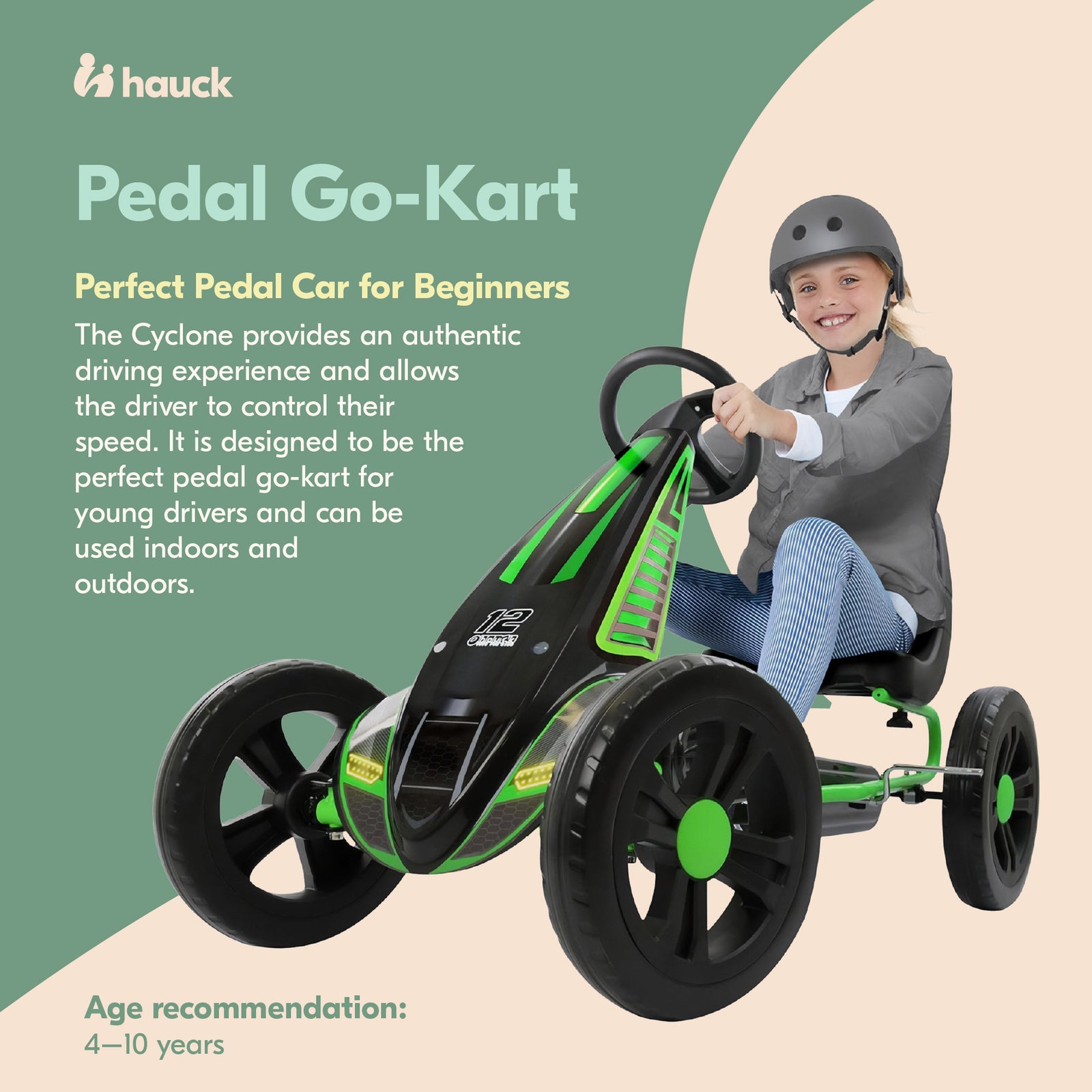 hauck Cyclone Junior Racing Go Kart, 12” Rims and Race Style Pedals, Lime Green - VMInnovations