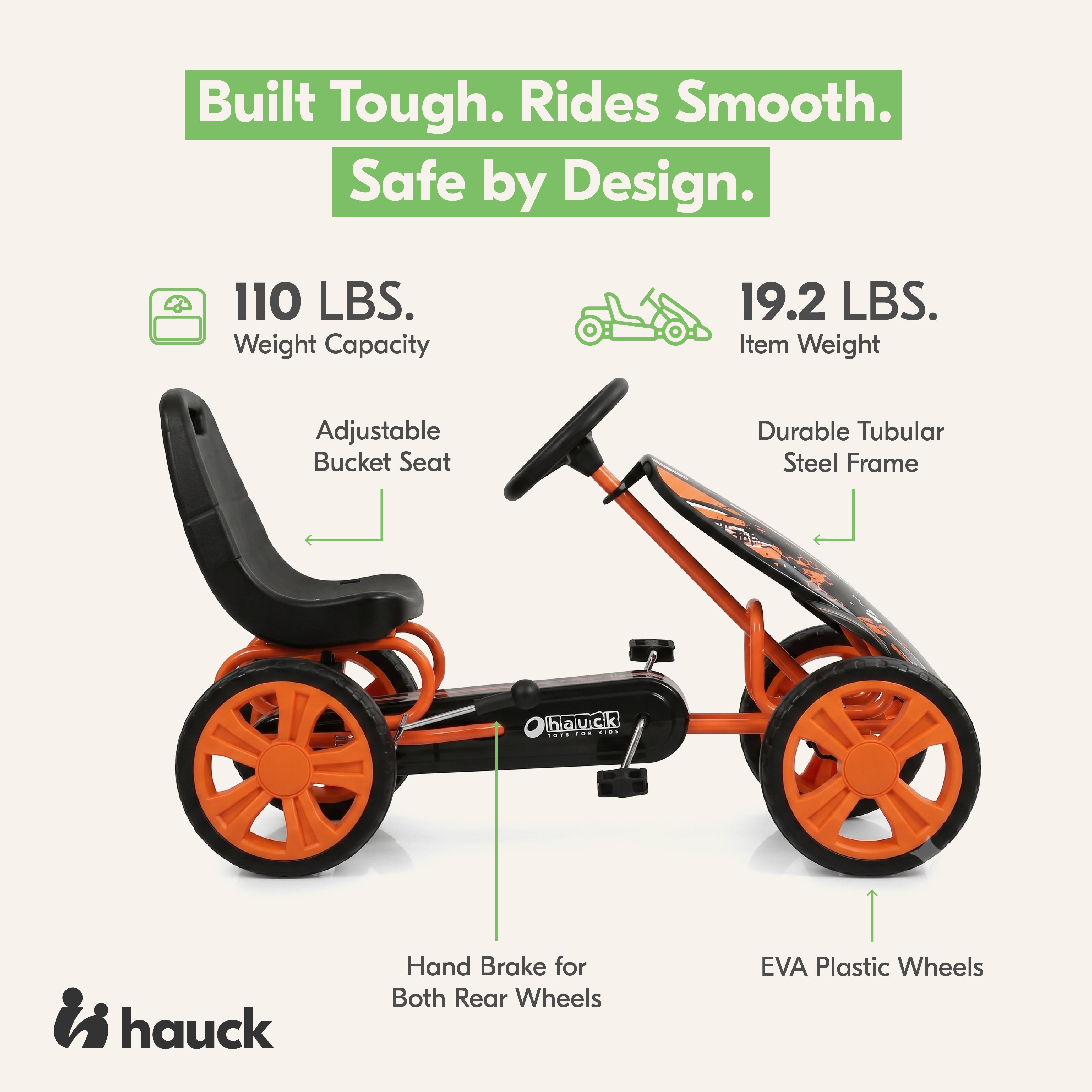 hauck Speedster Pedal Car w/ 3 Way Adjustable Bucket Seat & Steel Frame, Orange - VMInnovations