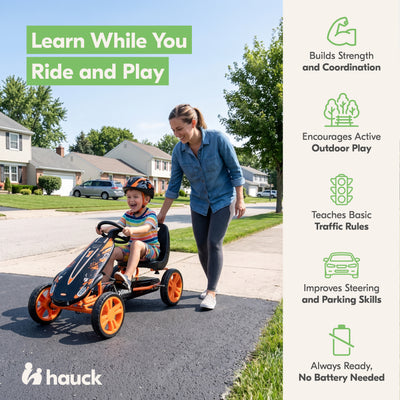 hauck Speedster Pedal Car w/ 3 Way Adjustable Bucket Seat & Steel Frame, Orange - VMInnovations