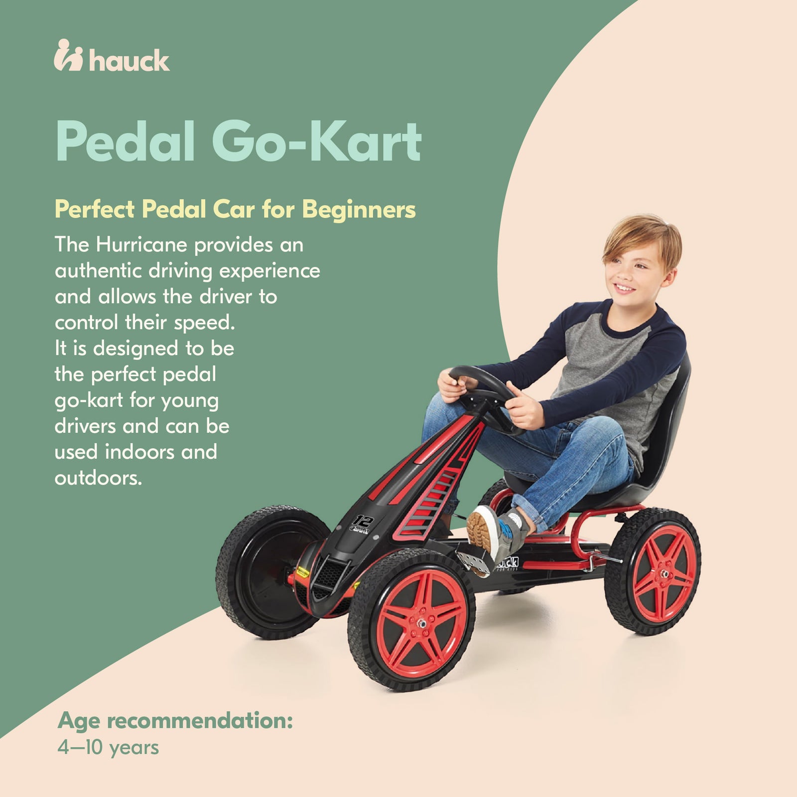 hauck Hurricane Racing Go Kart w/Low Profile Rubber Tires, Handbrake Design, Red - VMInnovations