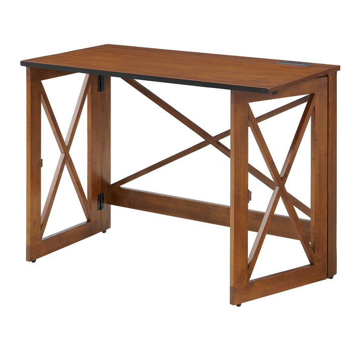 MECO Stakmore Stylish Versatile Folding Desk with Built In Outlets, Fruitwood