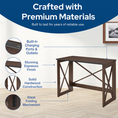 MECO Stakmore Stylish Versatile Folding Desk with Built In Outlets, Espresso - VMInnovations