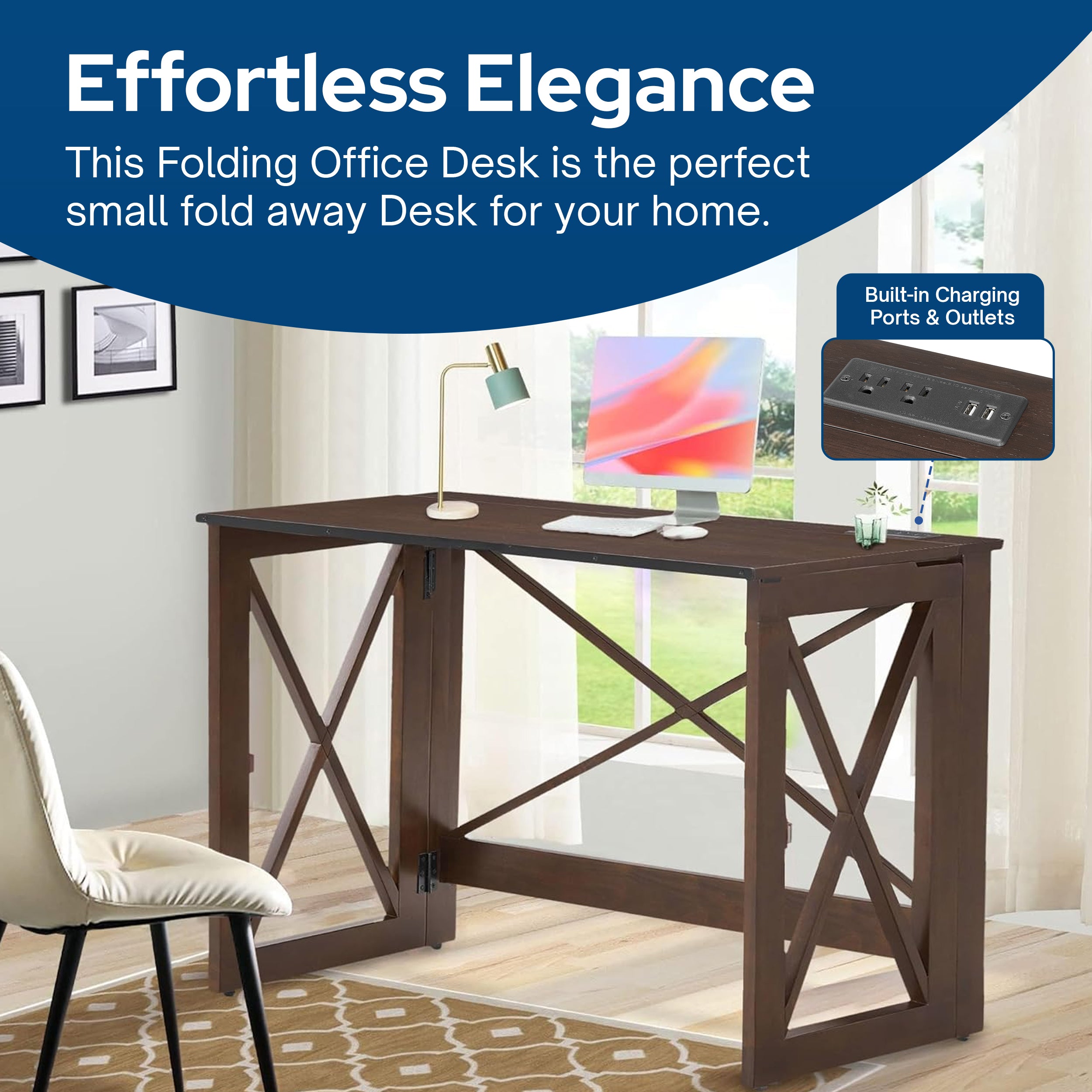 MECO Stakmore Stylish Versatile Folding Desk with Built In Outlets, Espresso - VMInnovations