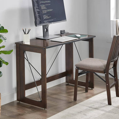 MECO Stakmore Stylish Versatile Folding Desk with Built In Outlets, Espresso