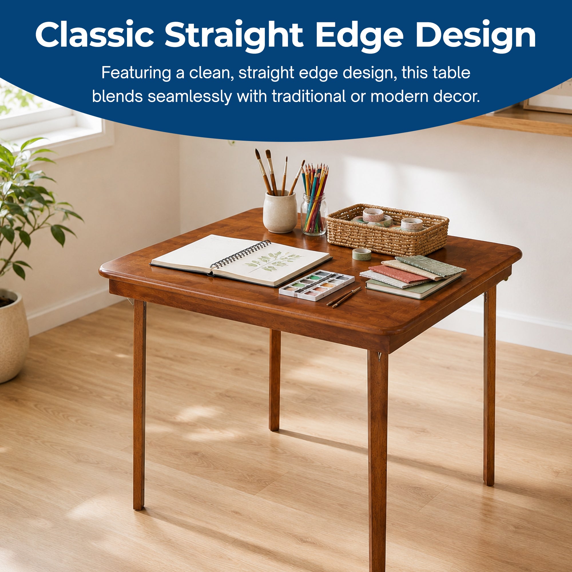 MECO Stakmore Classic Straight Edge Solid Wood Folding Card Table, Cherry Frame
