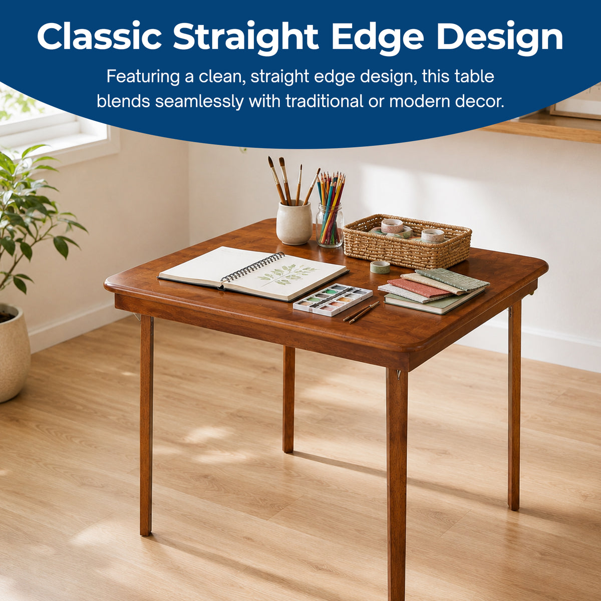MECO Stakmore Urn Wood Upholstered Seat Folding Chairs and Folding Card Table