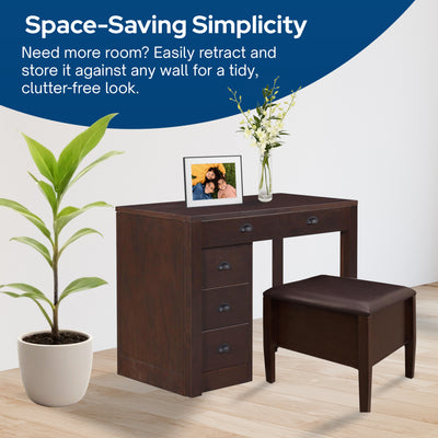 MECO Stakmore Wooden Made Expandable Desk with Ottoman and 3 Functioning Drawers - VMInnovations