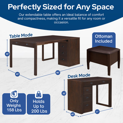 MECO Stakmore Wooden Made Expandable Desk with Ottoman and 3 Functioning Drawers - VMInnovations