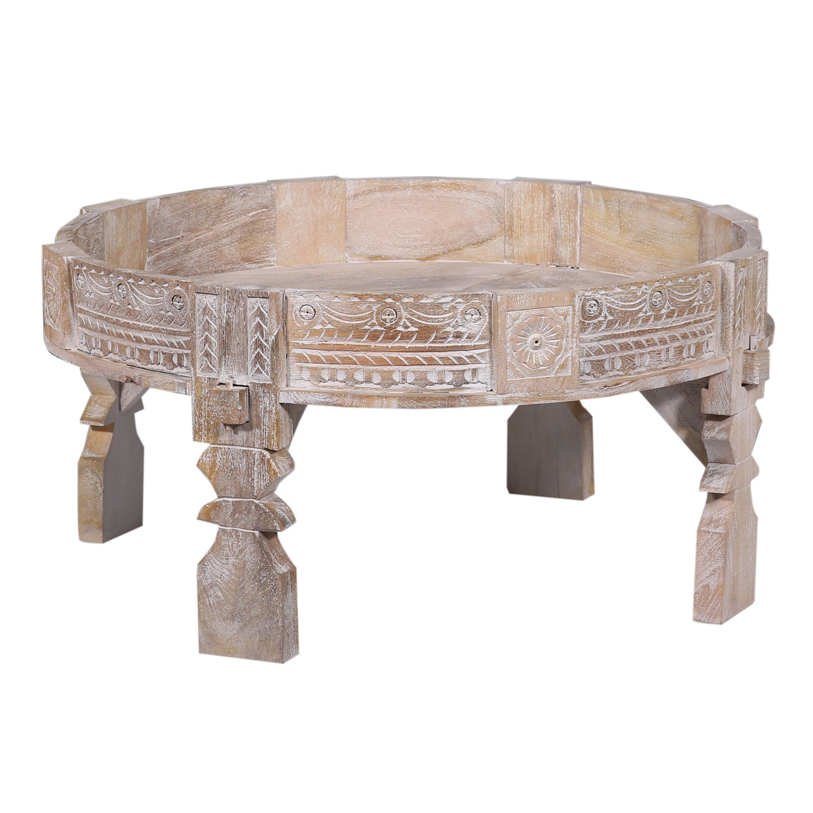 Jaya Nomad Wooden Round Coffee Table in Distressed Natural Finish - VMInnovations