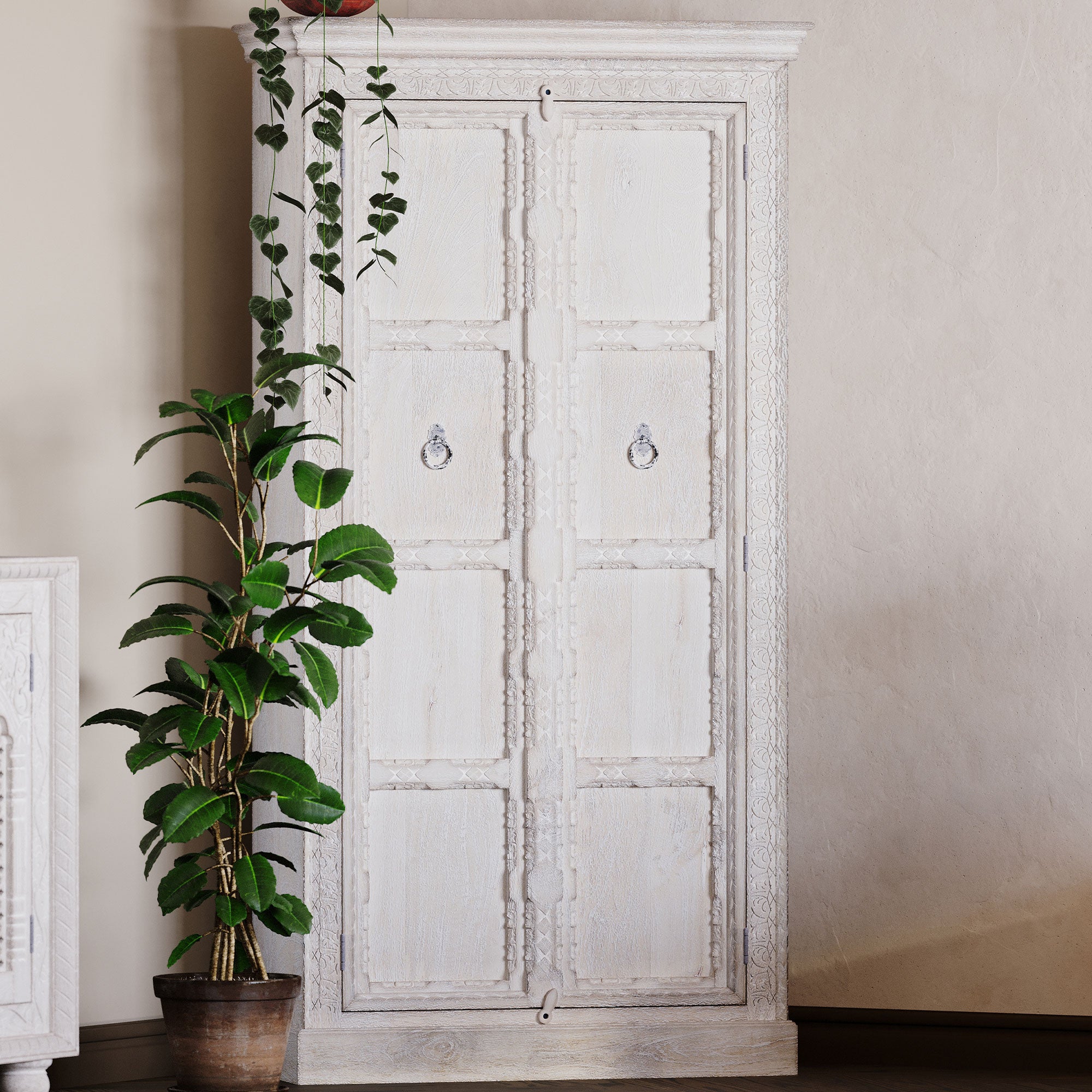 Mahala Nomad Wooden Cabinet in White Distressed Finish - VMInnovations
