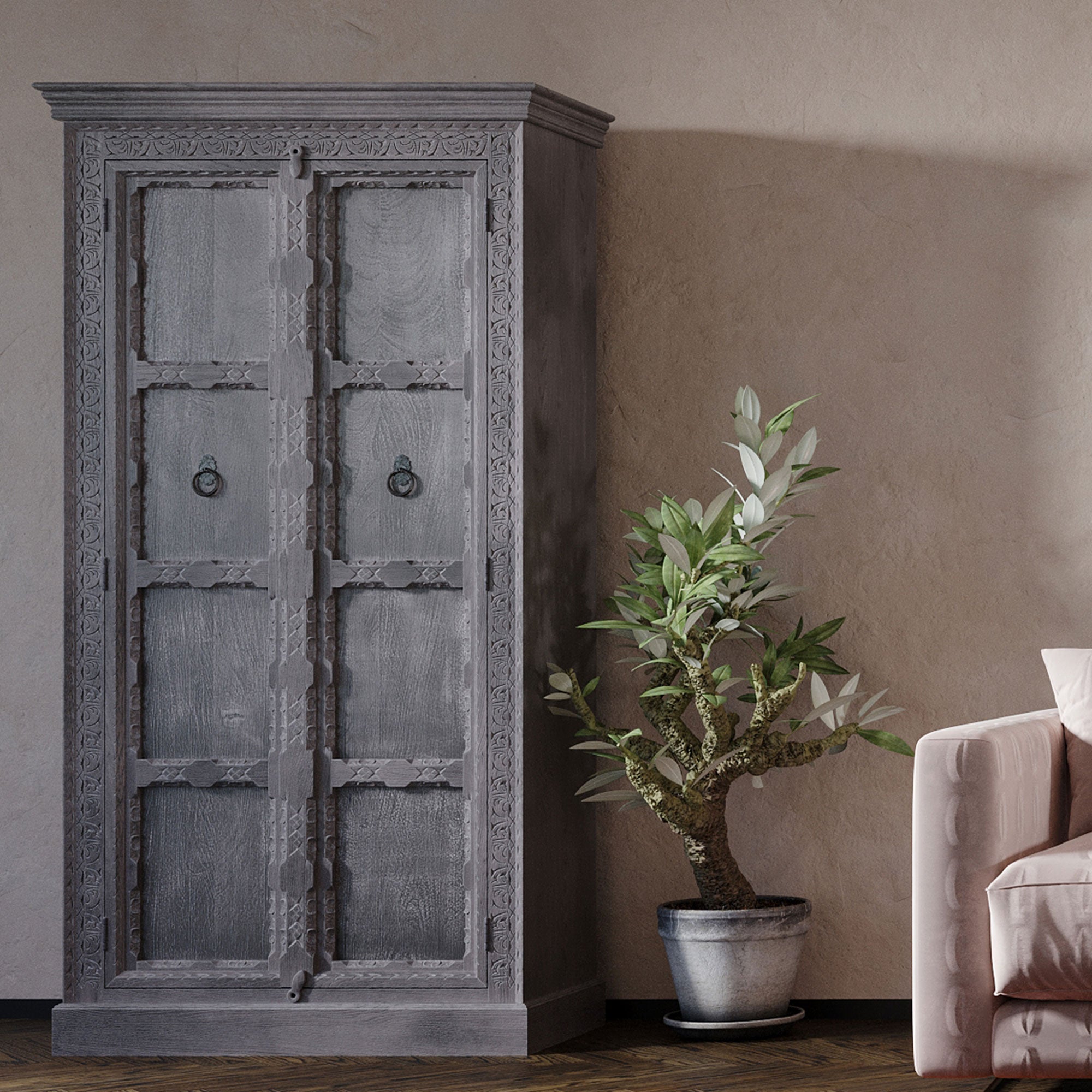 Maven Lane Handmade Heritage Wooden Cabinet in Grey Distressed Finish(For Parts)