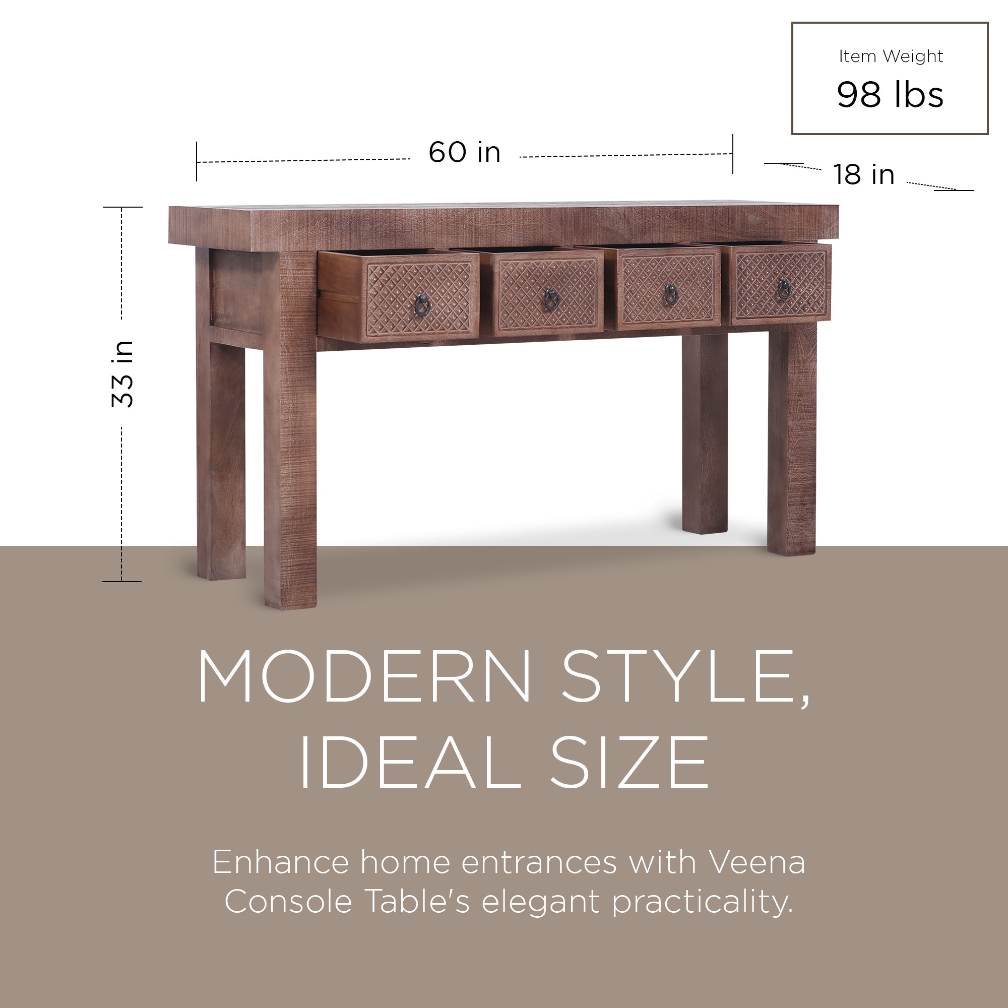 Veena Nomad Wooden Console Table in Brown Distressed Finish