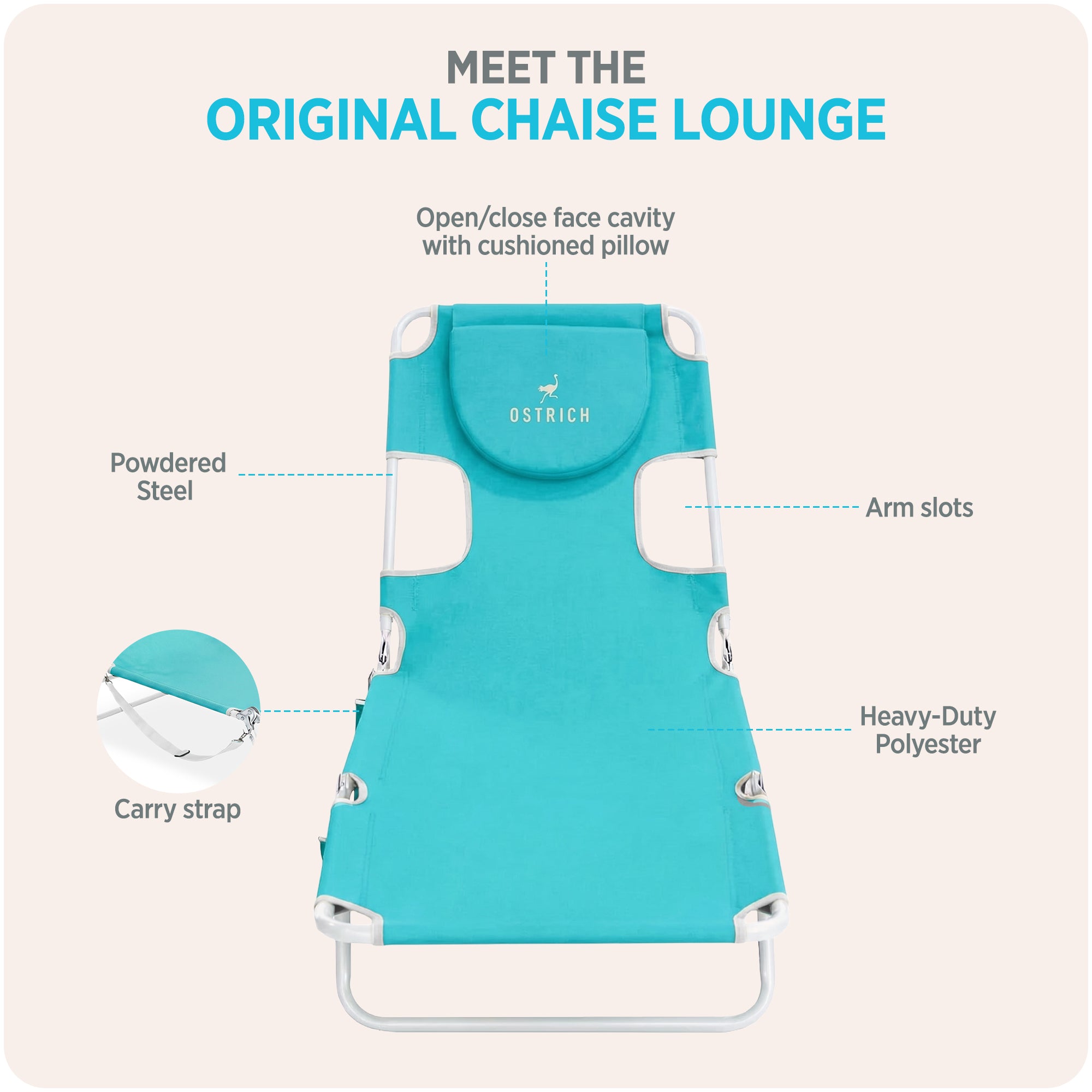 Ostrich Lounge, Versatile Facedown Beach Camping Pool Tanning Chair, Aqua (Used)