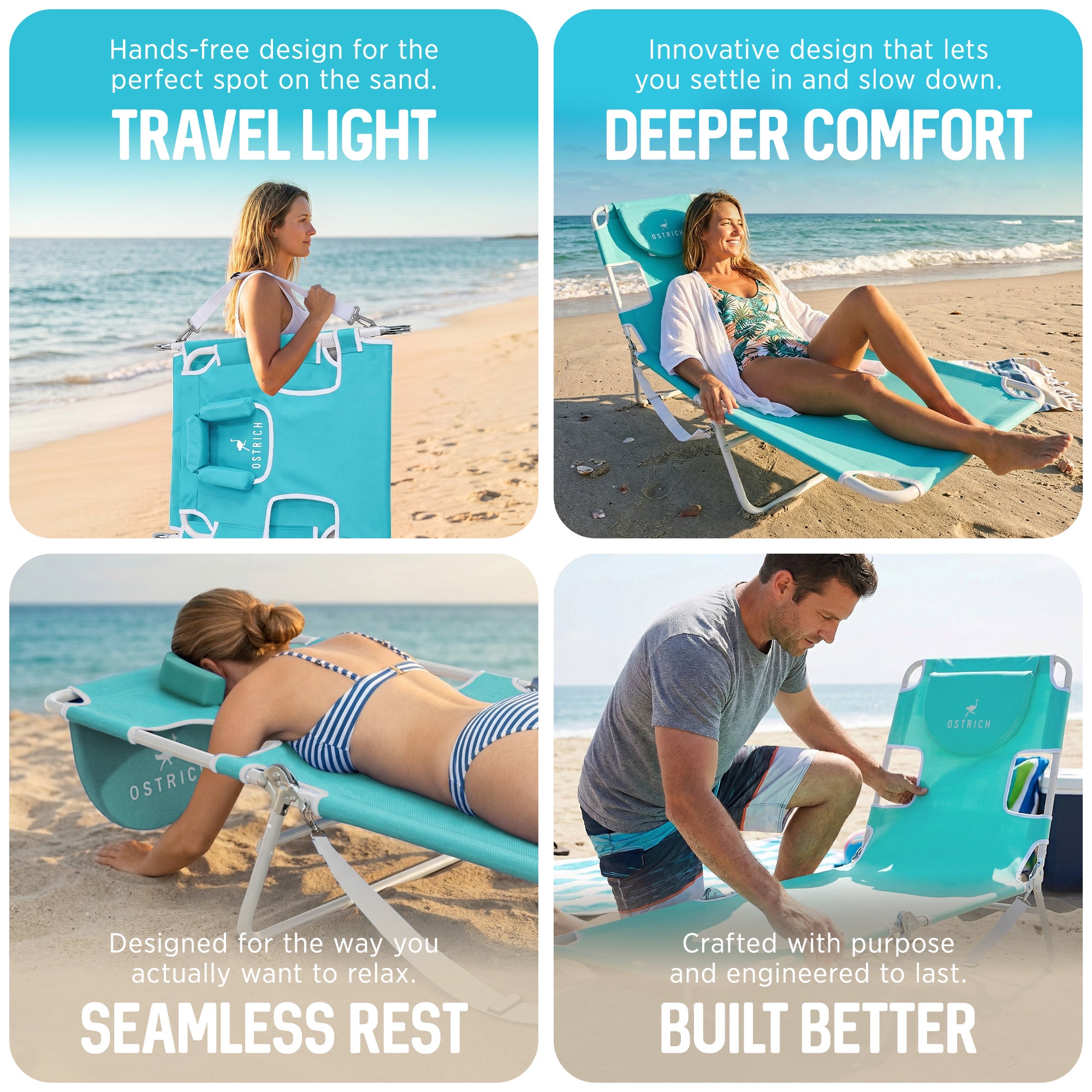 Ostrich Lounge, Versatile Facedown Beach Camping Pool Tanning Chair, Aqua (Used)
