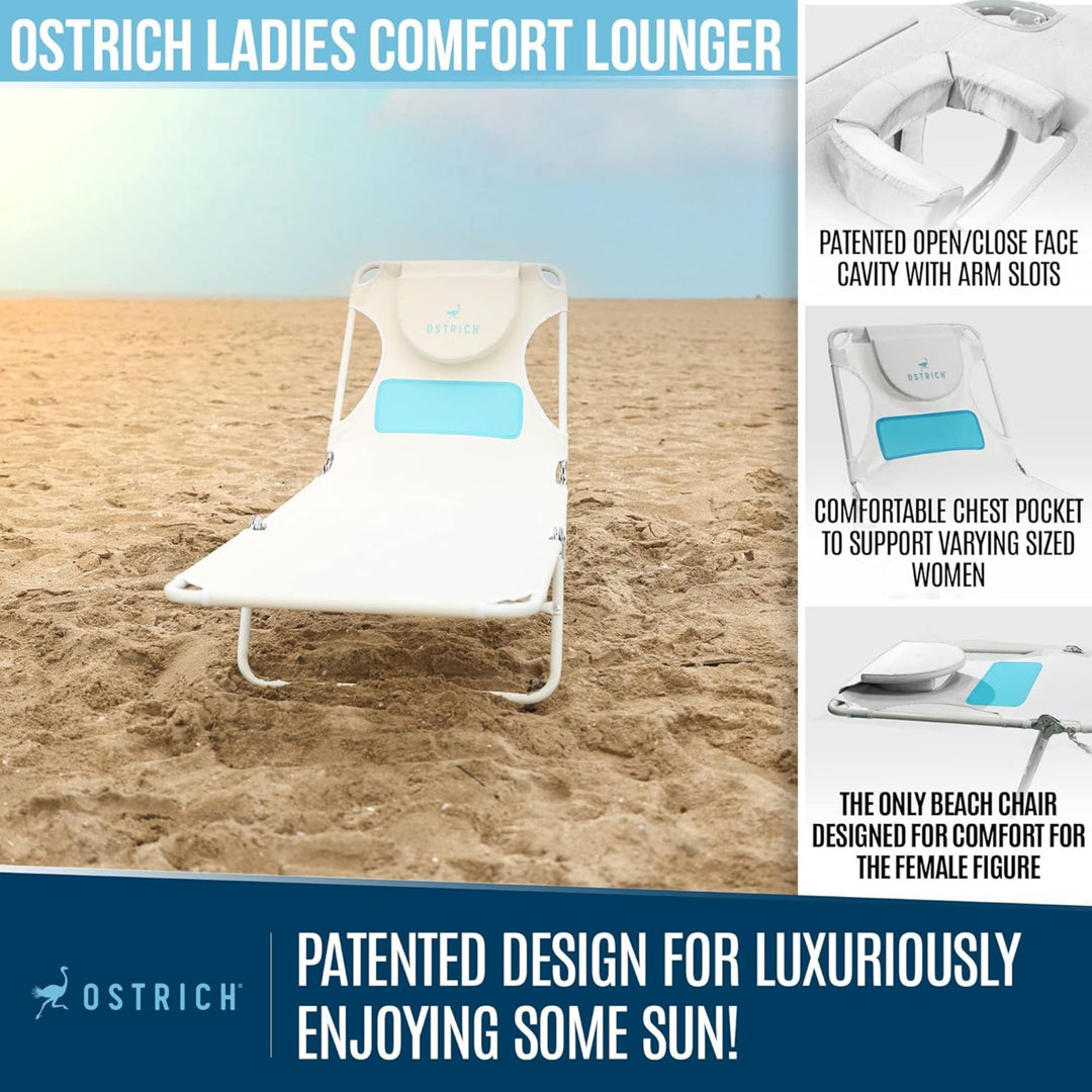 Ostrich Ladies Comfort Lounger, Foldable Beach Camping Pool Tanning Chair, White