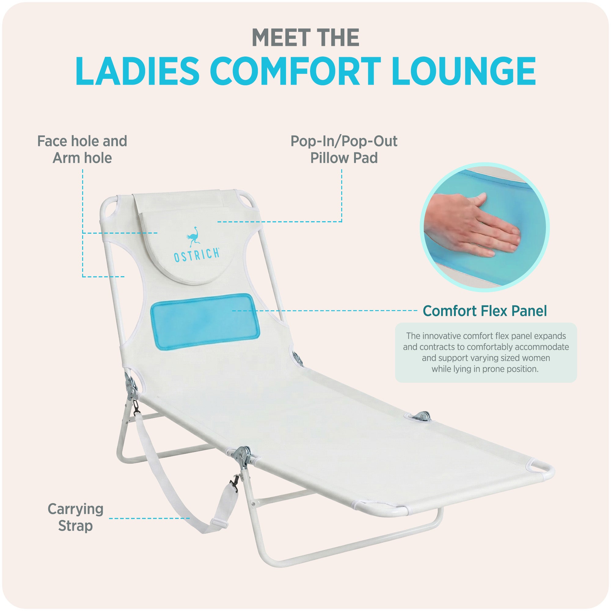 Ostrich The Ladies Comfort Lounger, Foldable Beach Pool Tanning Chair, White