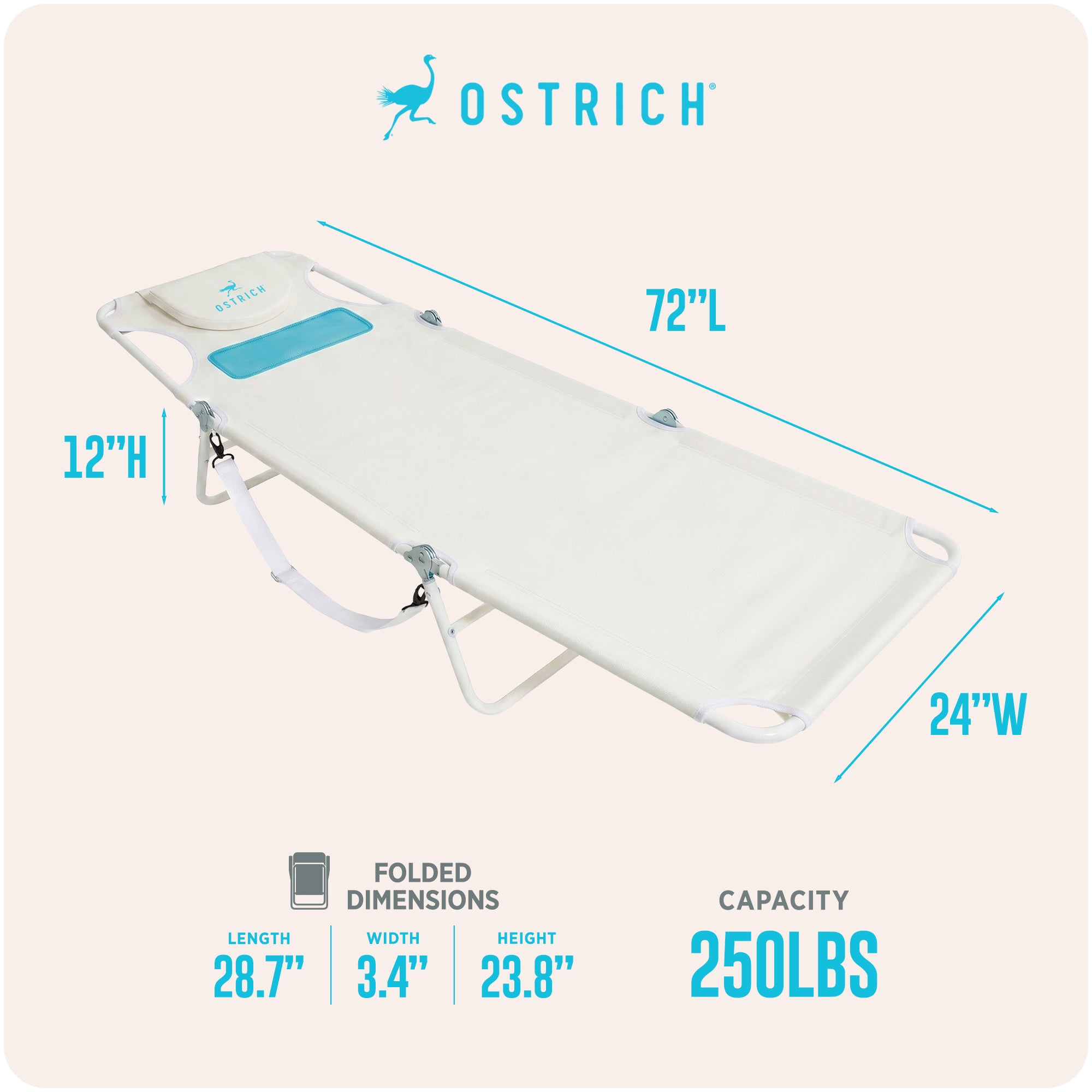 Ostrich The Ladies Comfort Lounger, Foldable Beach Pool Tanning Chair, White