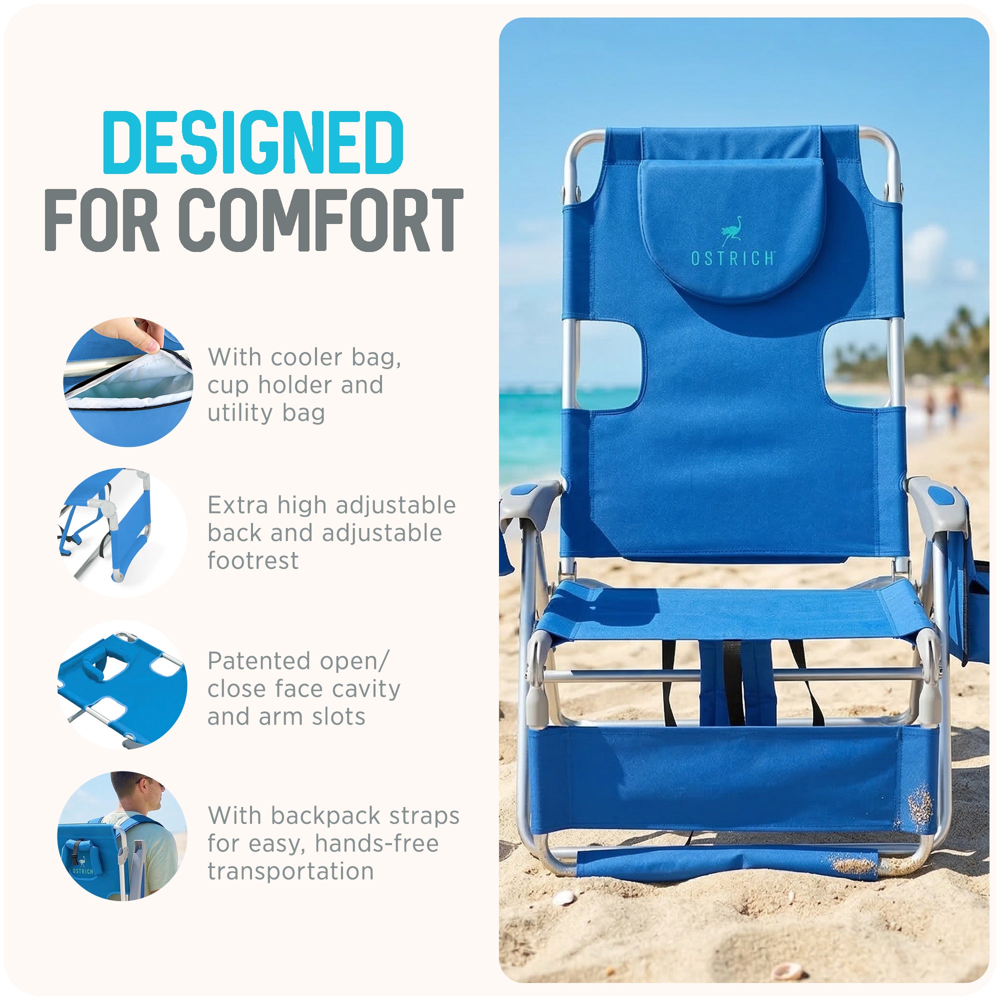 Ostrich The Backpack 3N1 Portable Chair Cooler Bag Reclining Lounger, Royal Blue