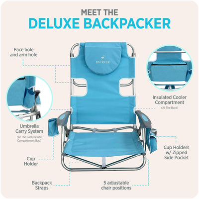 Deltess Ostrich Deluxe On Your Back Aluminum Chair w/Cooler Bag,Light Blue(Used)