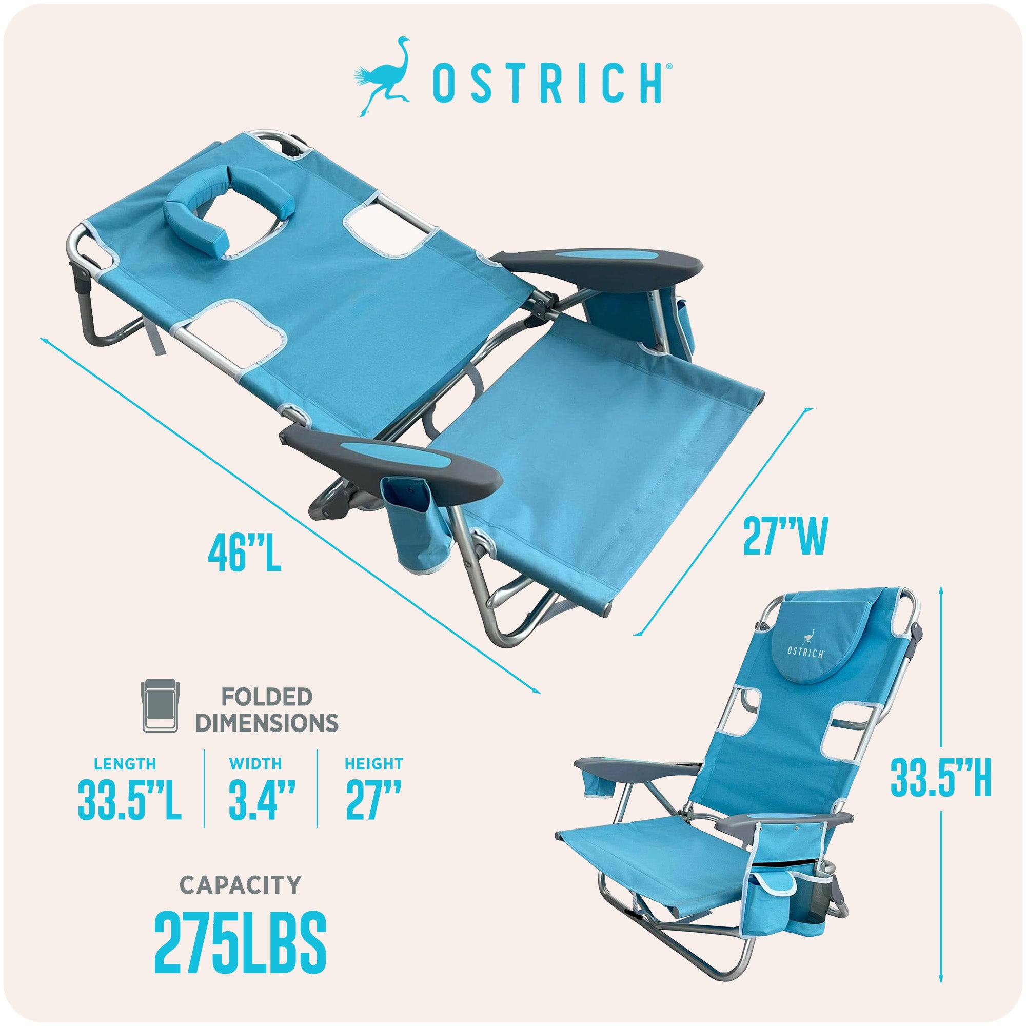 Deltess Ostrich Deluxe On Your Back Aluminum Chair w/Cooler Bag,Light Blue(Used)