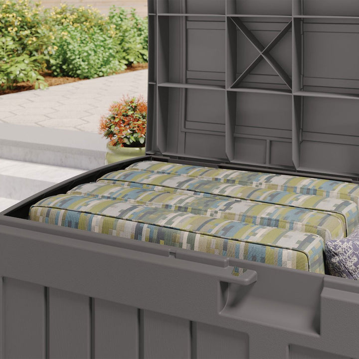 Suncast 50 Gallon Plastic Deck Box with Molded Lockable Feature for Home, Gray