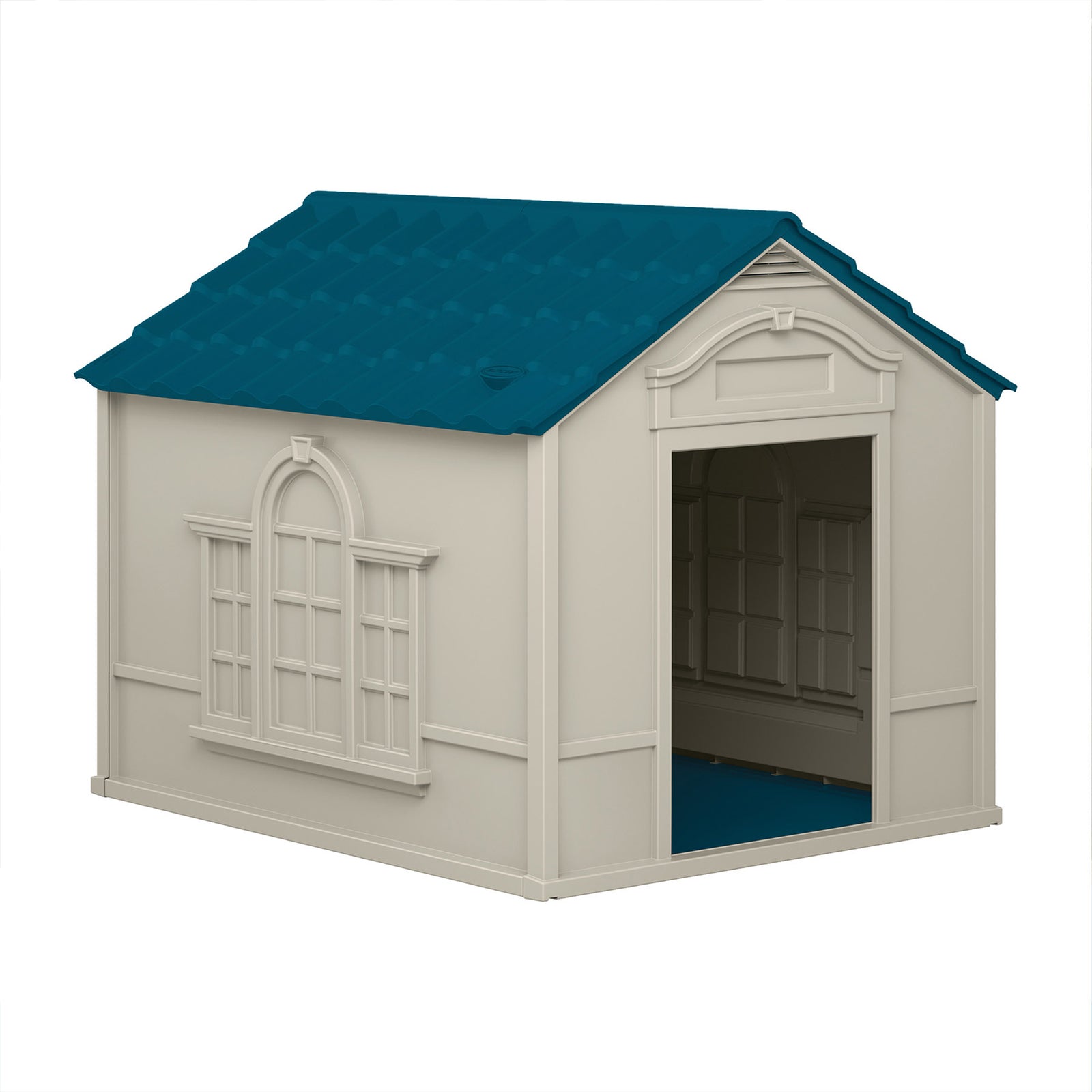 Suncast Deluxe Dog House with Vents and Crowned Channeled Floor, Taupe/Blue - VMInnovations