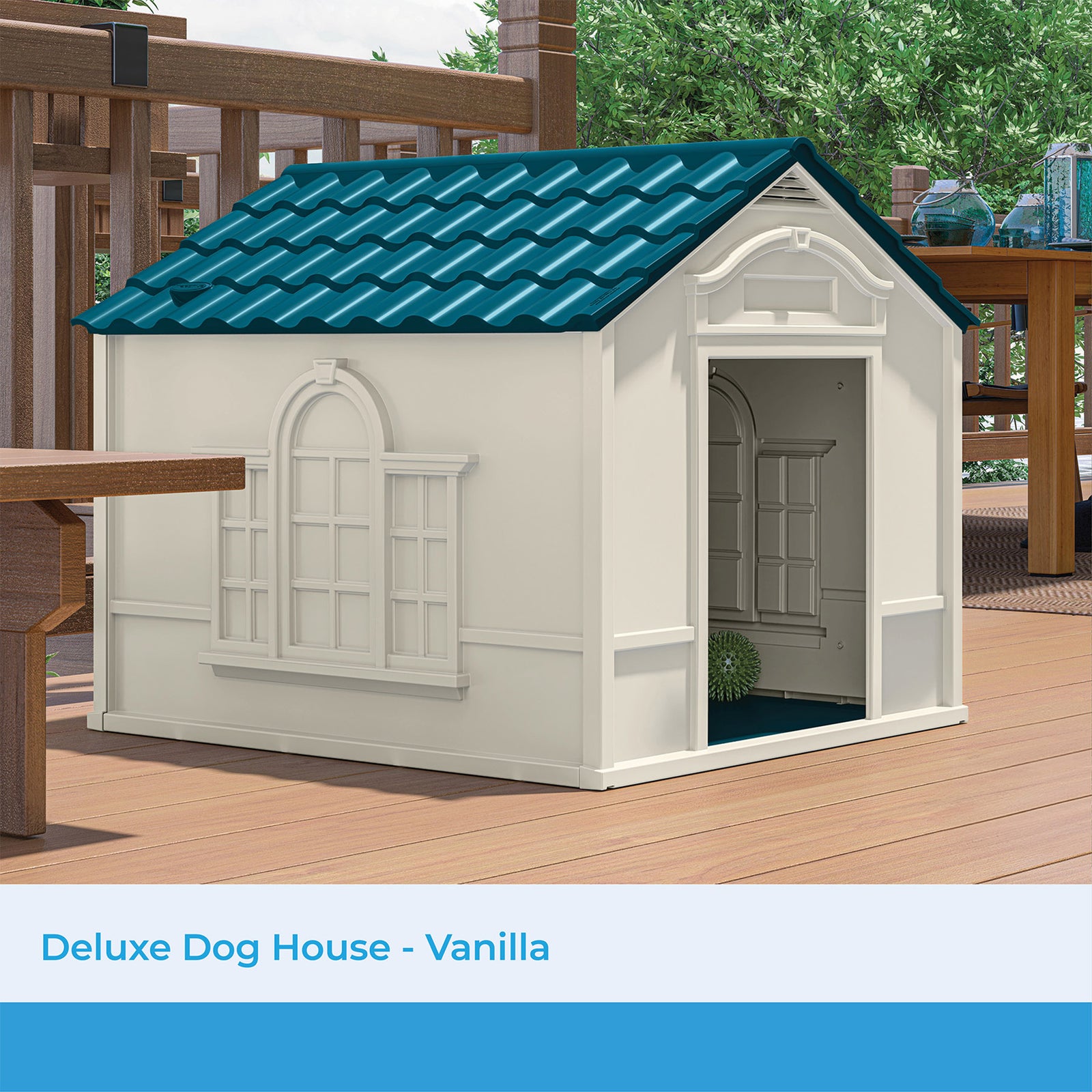 Suncast Deluxe Dog House with Vents and Crowned Channeled Floor, Taupe/Blue - VMInnovations