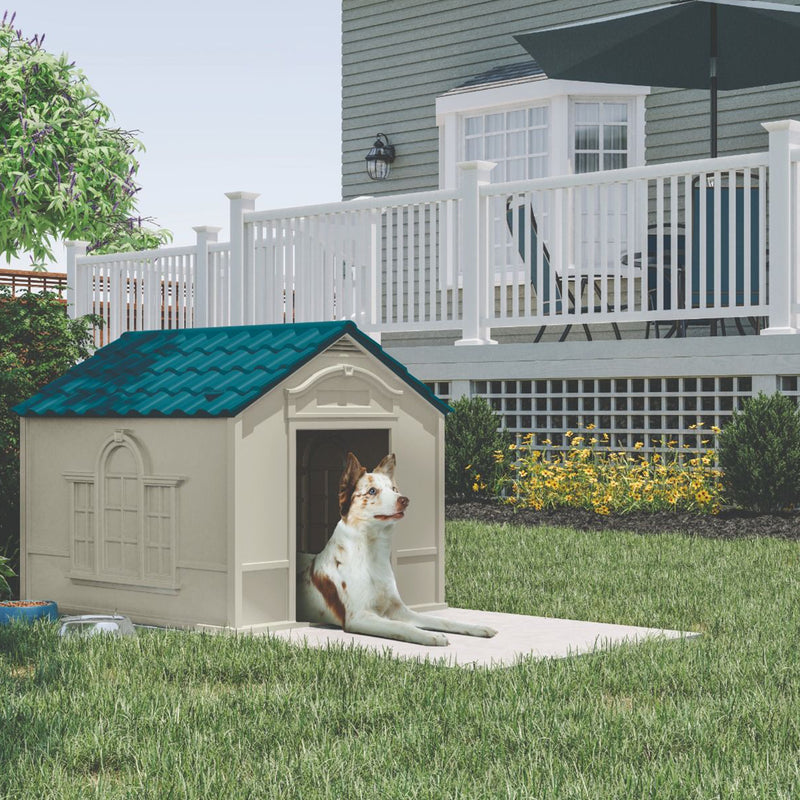 Suncast Deluxe Dog House with Vents and Crowned Channeled Floor, Taupe/Blue