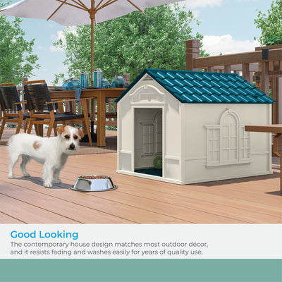 Suncast Deluxe Dog House with Vents and Crowned Channeled Floor, Taupe/Blue - VMInnovations