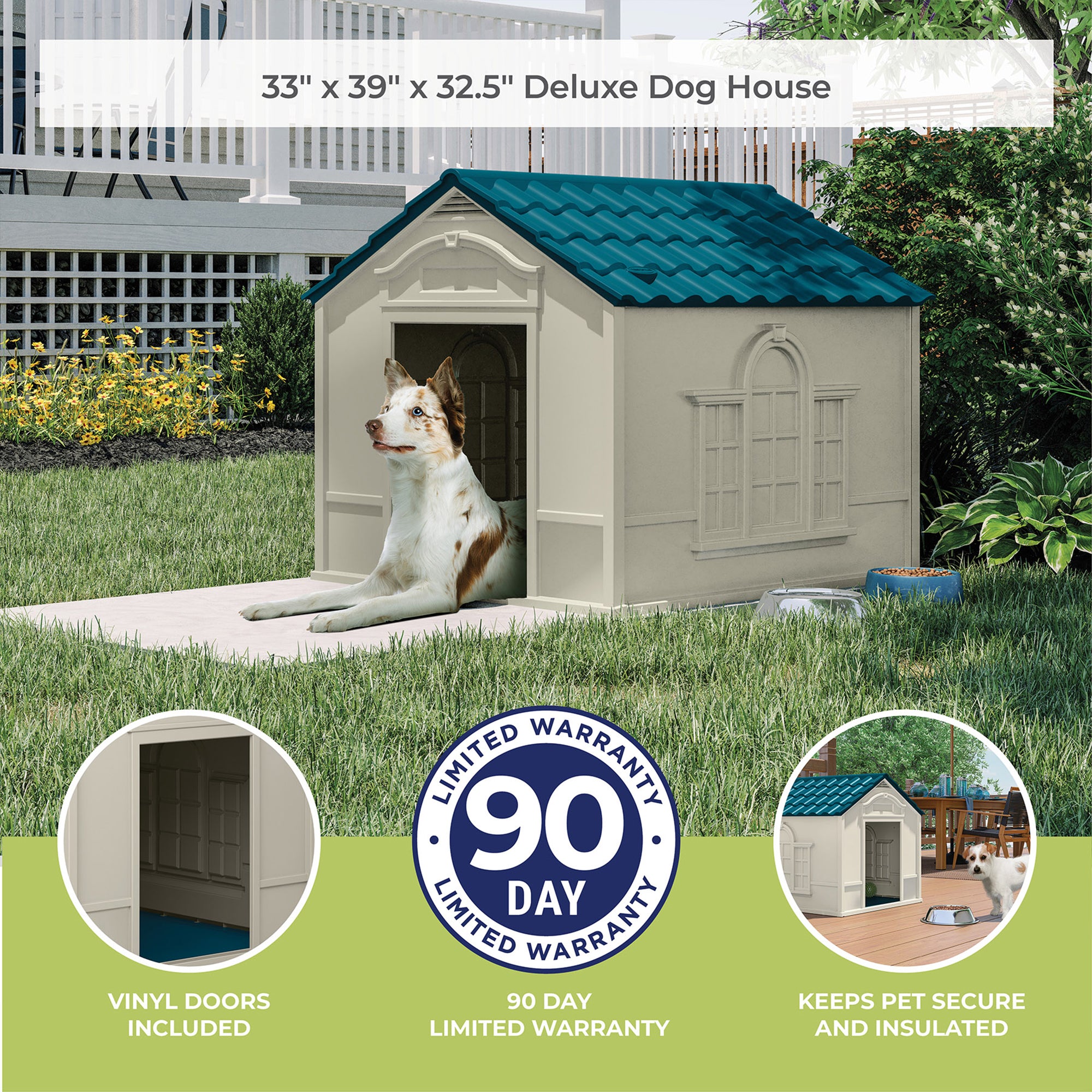 Suncast Deluxe Dog House with Vents and Crowned Channeled Floor, Taupe/Blue - VMInnovations