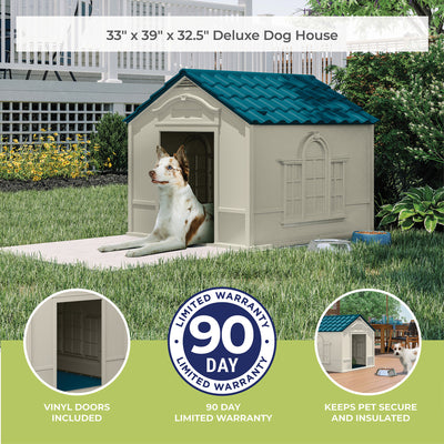Suncast Deluxe Dog House with Vents and Crowned Channeled Floor, Taupe/Blue - VMInnovations