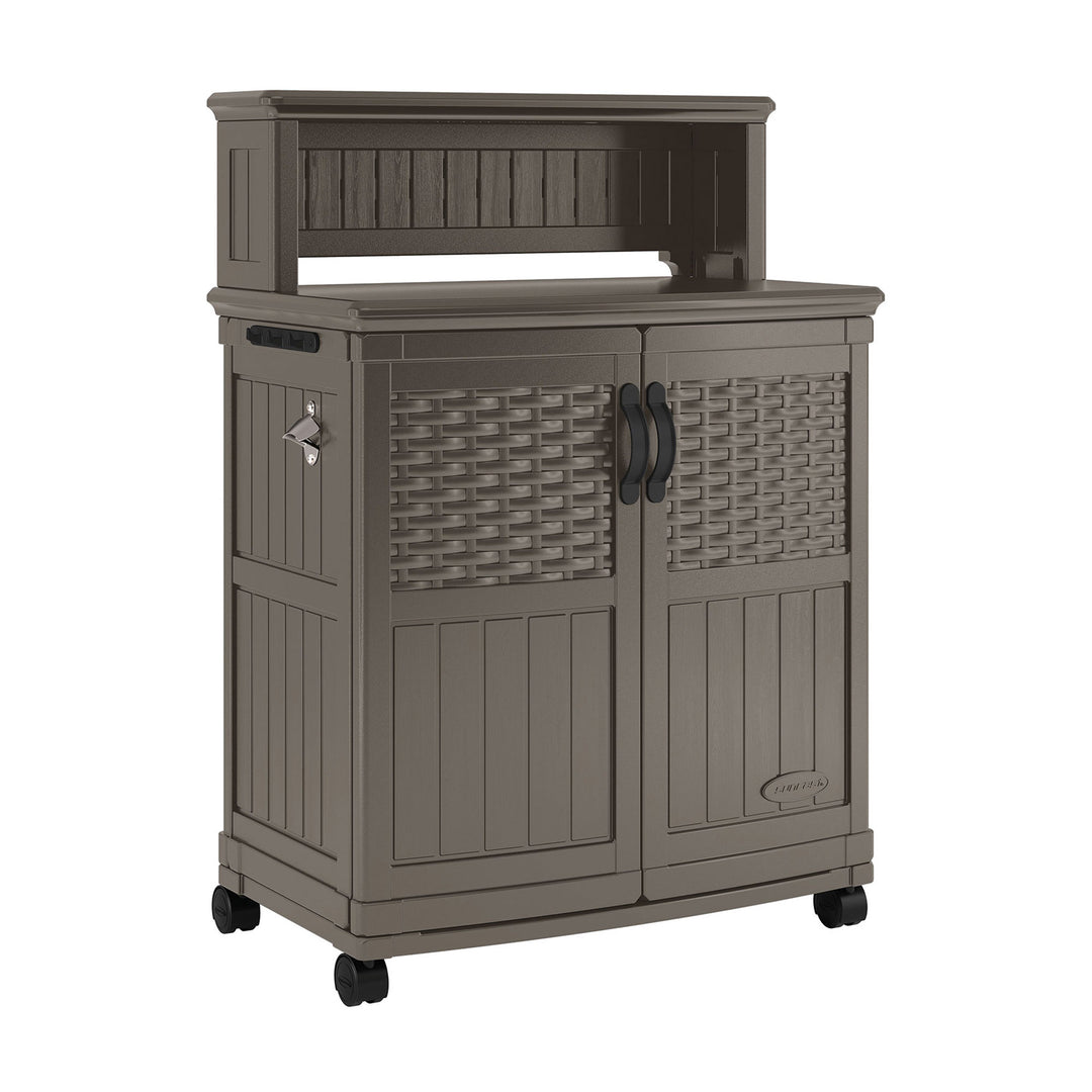 Suncast Patio Plastic Storage and Prep Station with Wicker Pattern, Stoney Gray